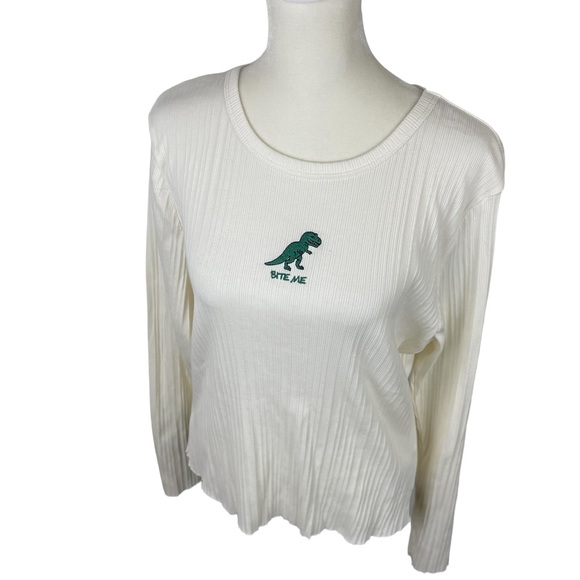 Forever 21 Bite Me Embroidered T Rex Dinosaur Top Cream Green Size XL - Picture 2 of 10